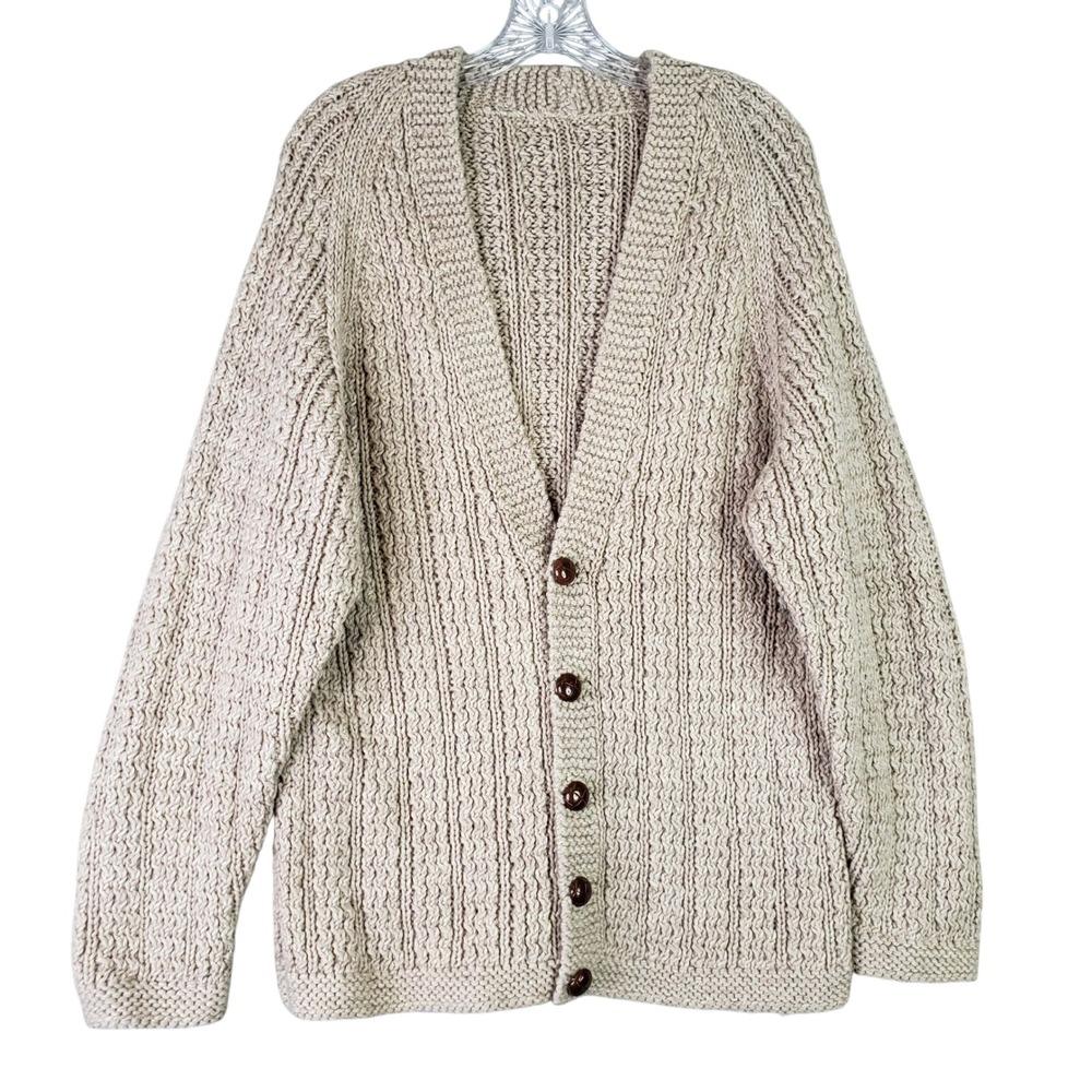 Vtg Cardigan Sweater Mens XL Beige Chunky Fisherman Wood Buttons Wool ? Aran